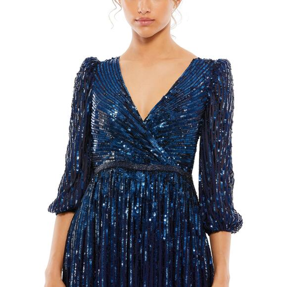 MAC DUGGAL 5509 Wrap Over 3/4 Sleeve Sequined Tulle Gown Midnight 20 NEW - Picture 4 of 8